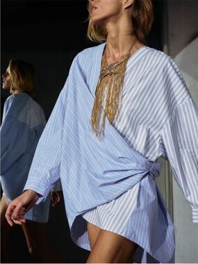 Zara the Peoni Blue Striped Poplin Wrap Shirt